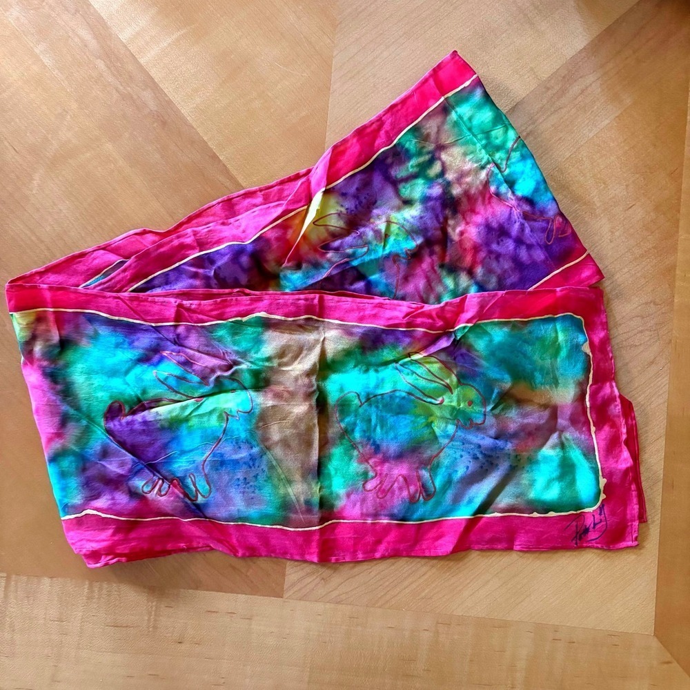 Hand Painted Silk‎ Scarf 65x8 Multicolor Rabbit Artist Signed